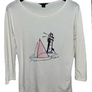 Italian designer Maxmara weekend White Long Sleeve Shirt blouse with Print M